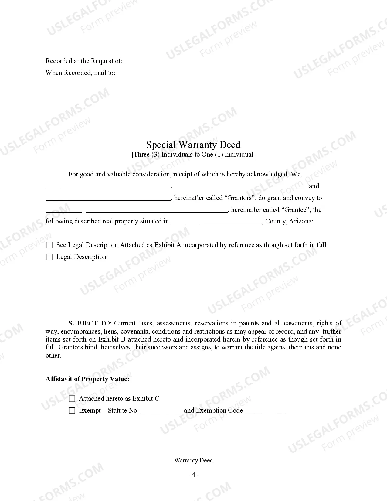 Preview Special Warranty Deed - Three Individuals to One Individual