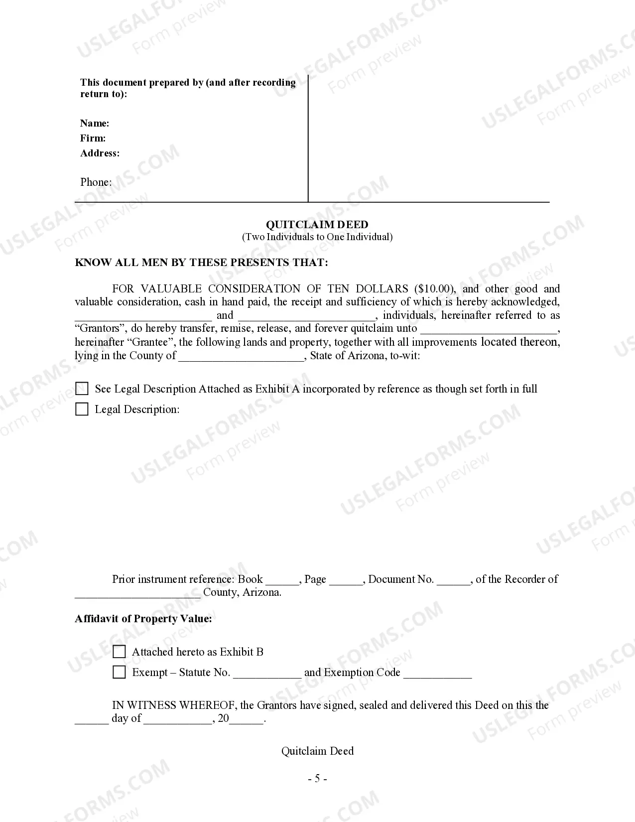 Preview Quitclaim Deed - Two Individuals to One Individual
