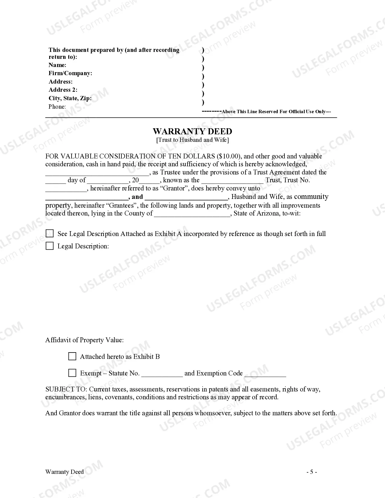 Preview Warranty Deed - Trust to Husband and Wife