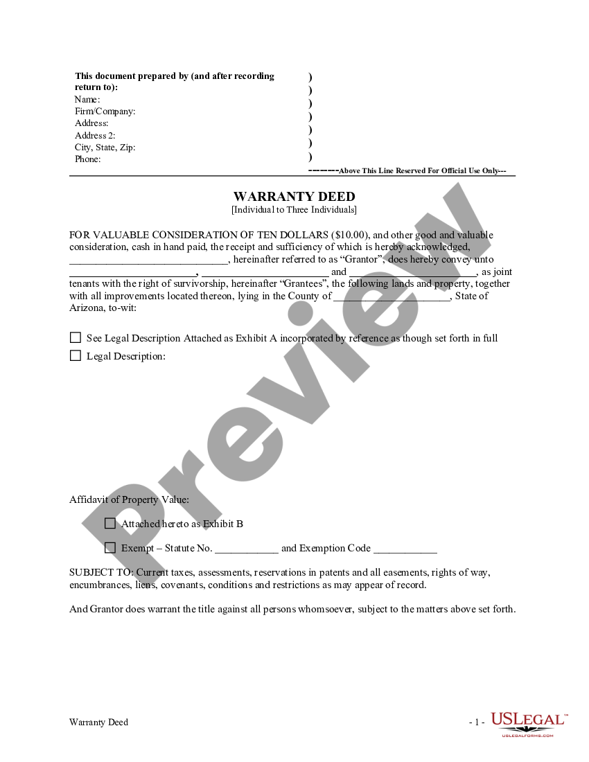 Arizona Warranty Deed - Individual to Three Individuals - Az Warranty ...