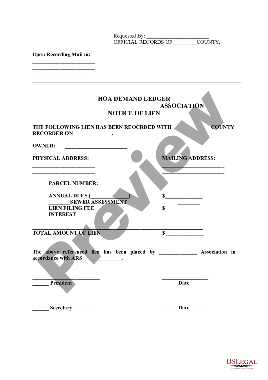 Arizona HOA Demand Ledger Notice of Lien Hoa Demand Letter US Legal