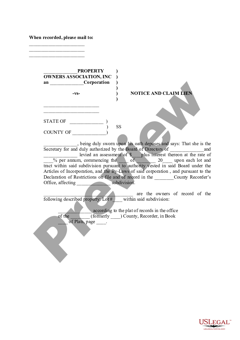 Arizona Hoa Demand Ledger Notice Of Lien Us Legal Forms 8507