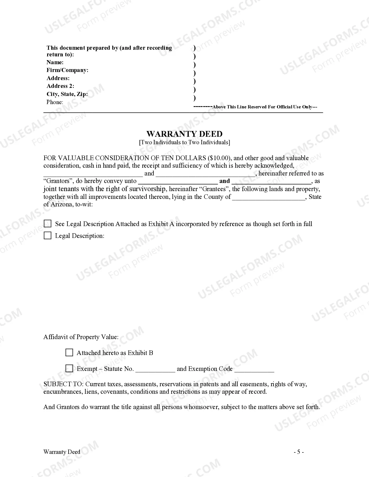Preview Warranty Deed - Two Individual Grantors to Two Individual Grantees