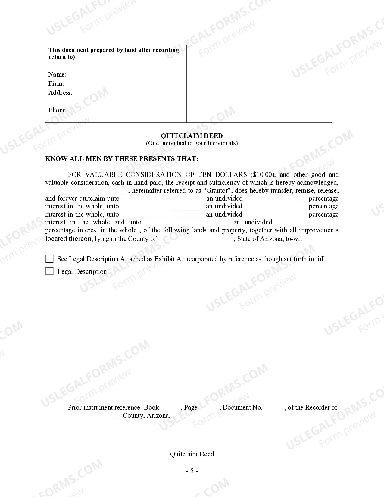 Preview Quitclaim Deed - One Individual Grantor to Four Individual Grantees