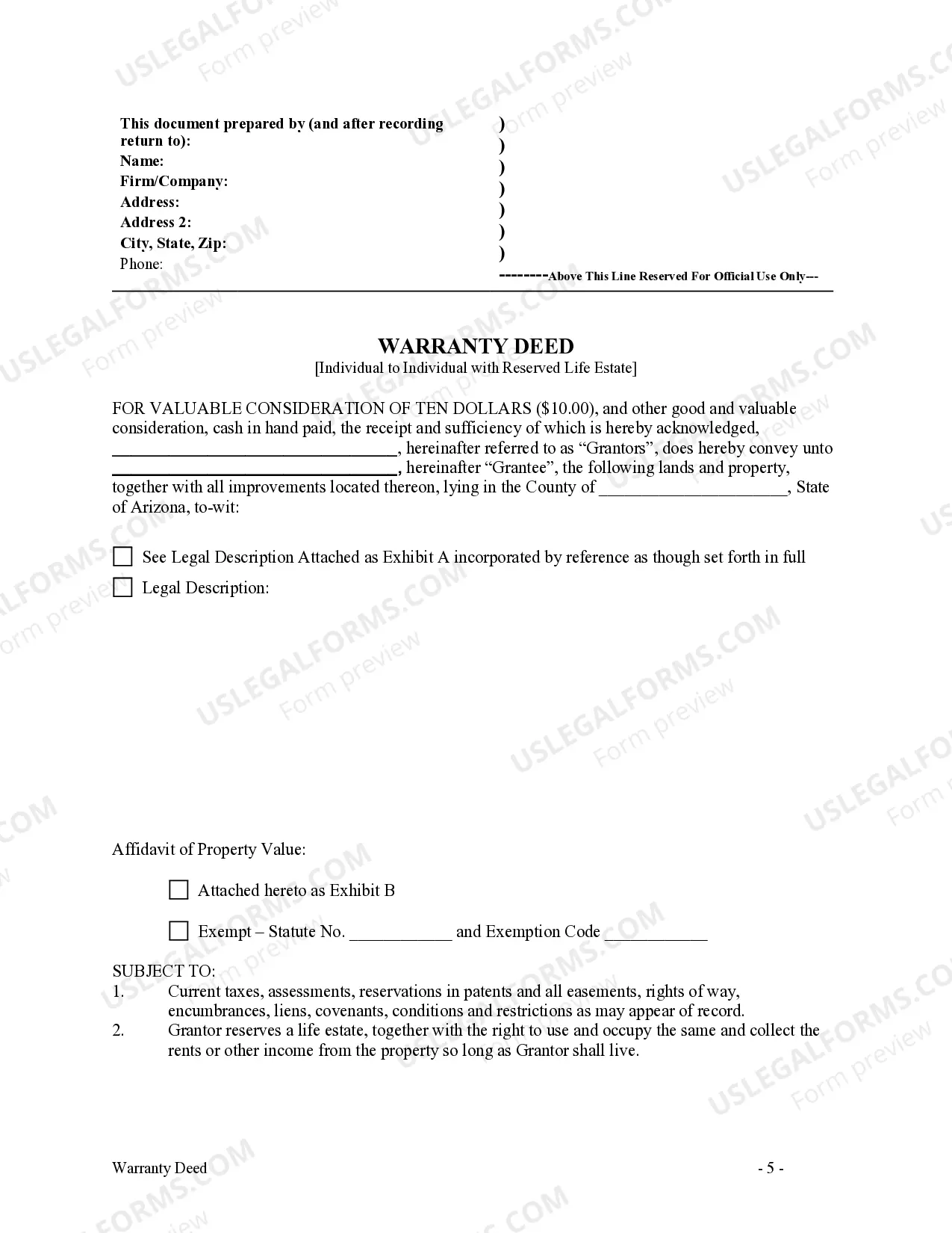 Preview Warranty Deed from Individual to Individual with Reserved LIfe Estate