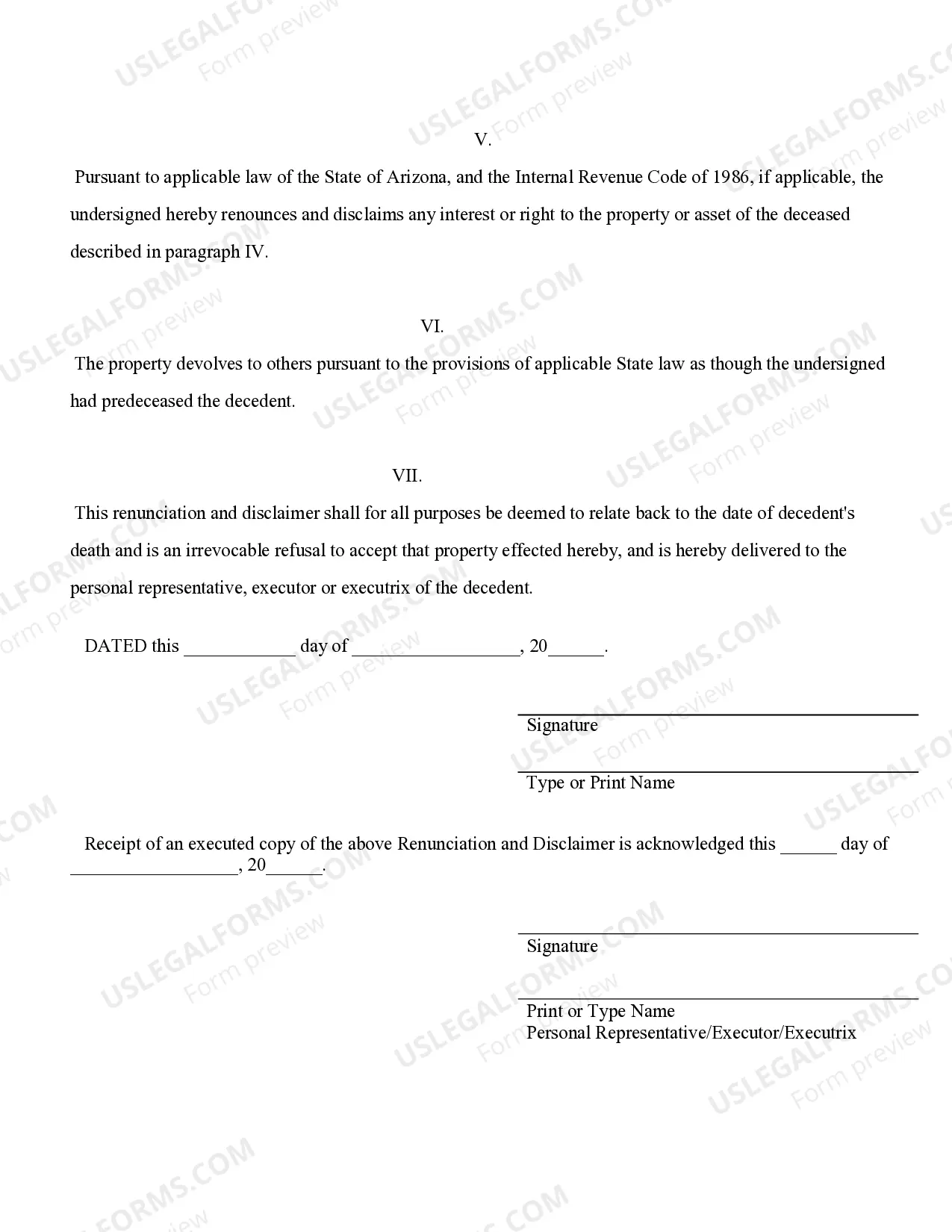Preview Arizona Renunciation and Disclaimer of Joint Tenant or Tenancy Interest
