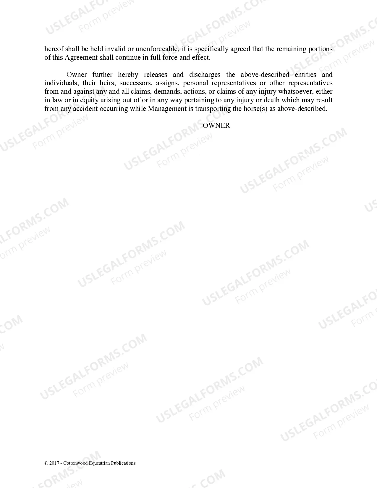 Preview Hauling Release and Waiver - Horse Equine Forms