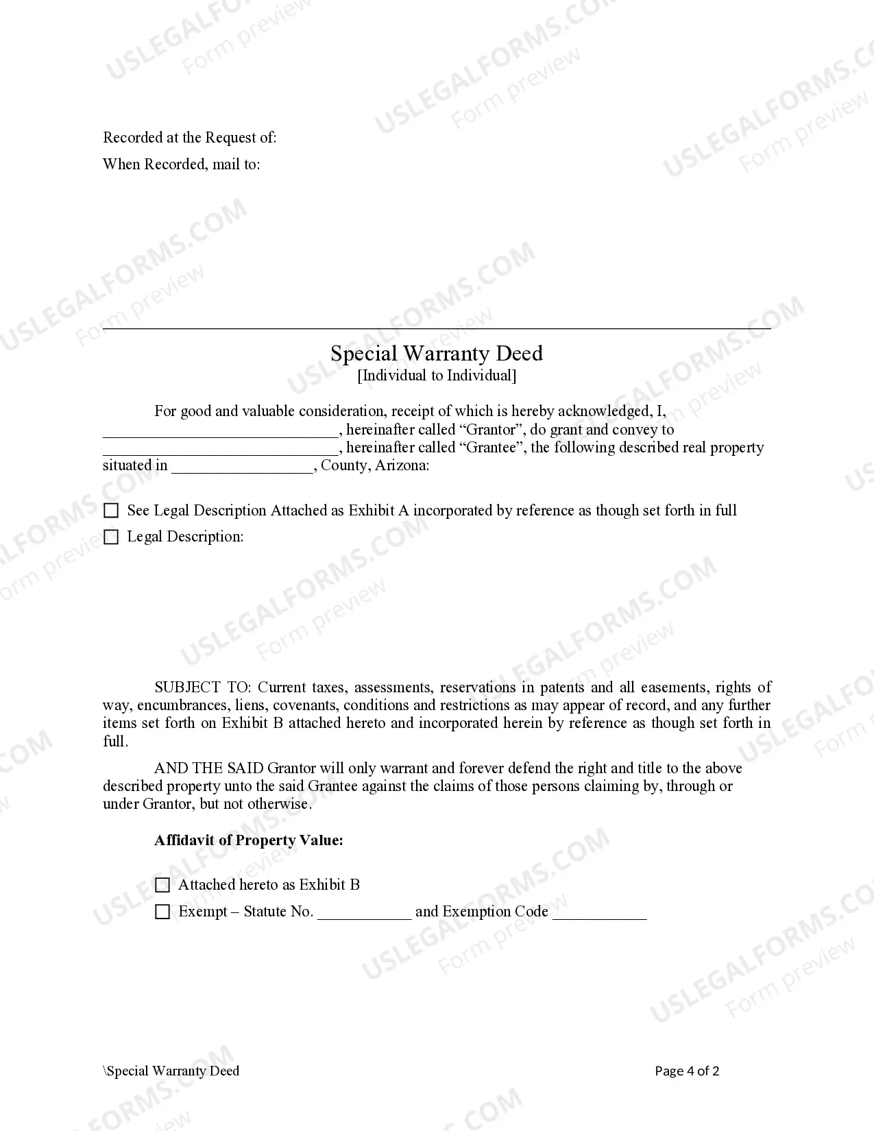 Preview Special Warranty Deed from Individual to Individual