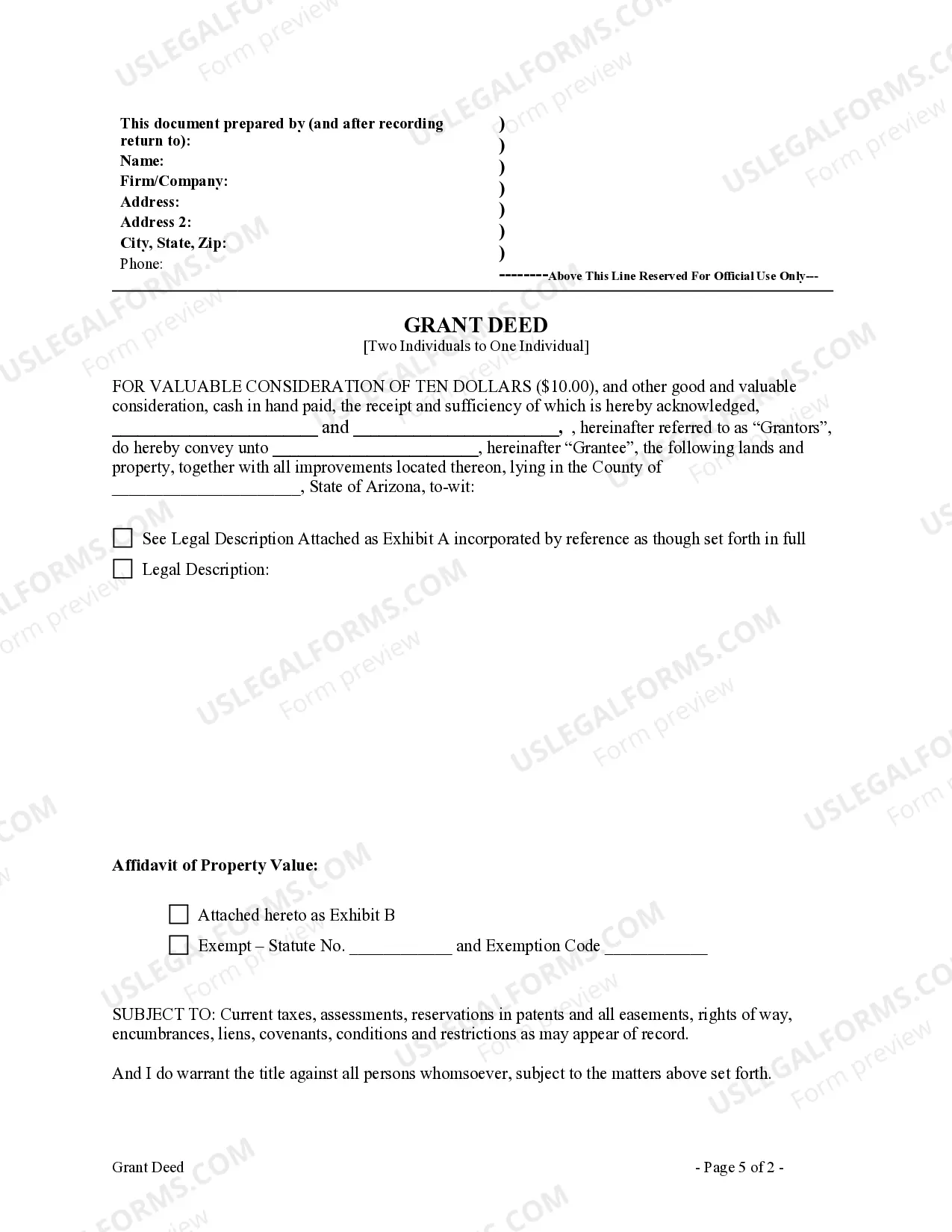 Preview Grant Deed from Two Individuals to One Individual