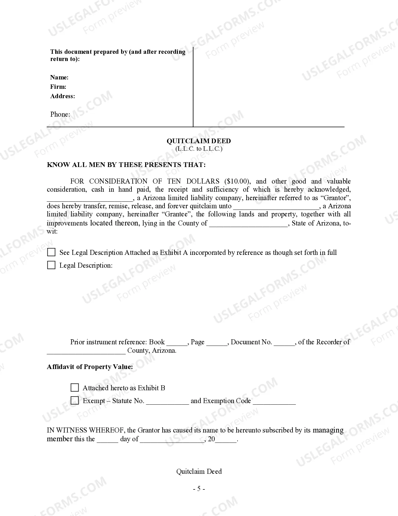 Preview Quitclaim Deed - Limited Liability Company to Limited Liability Company