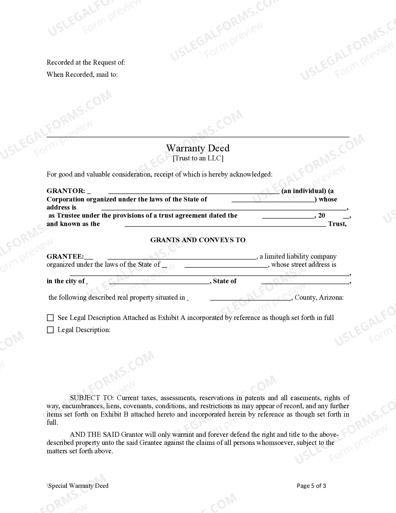 Preview Warranty Deed - Trust to a Limited Liability Company