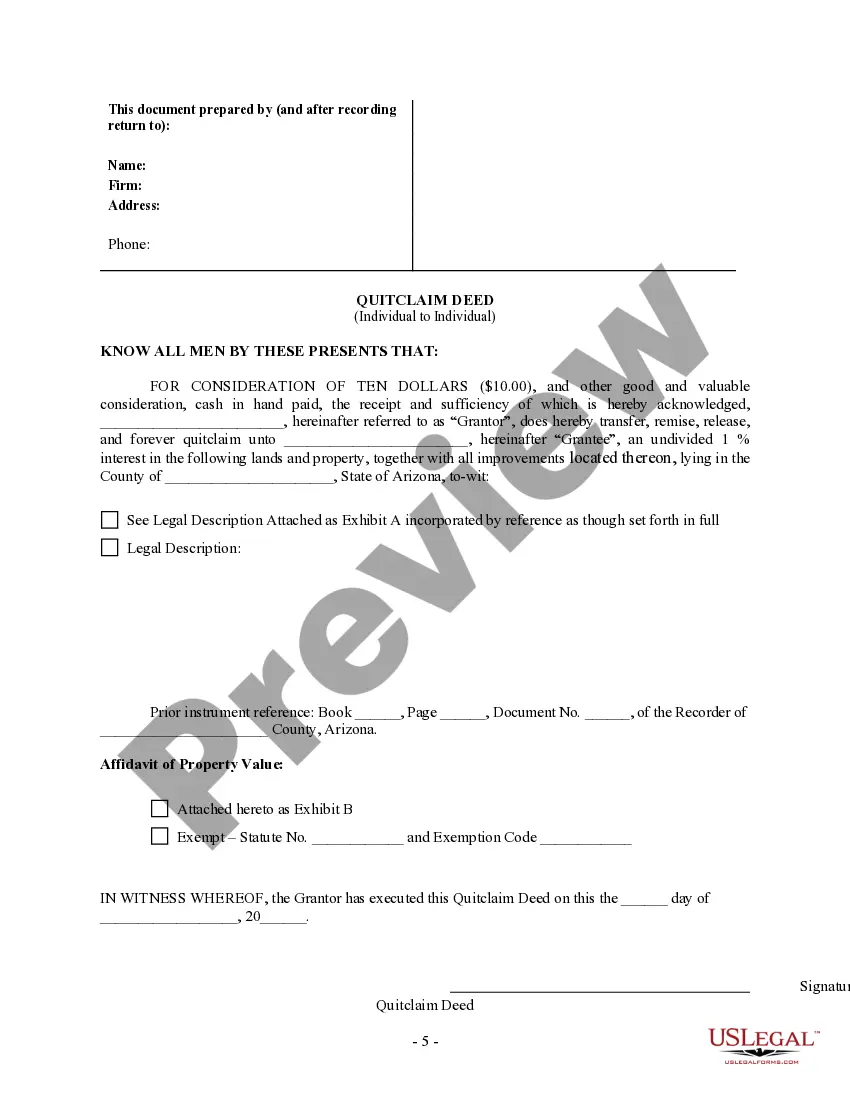 Preview Quitclaim Deed transferring a Specified Undivided Interest from Individual to Individual