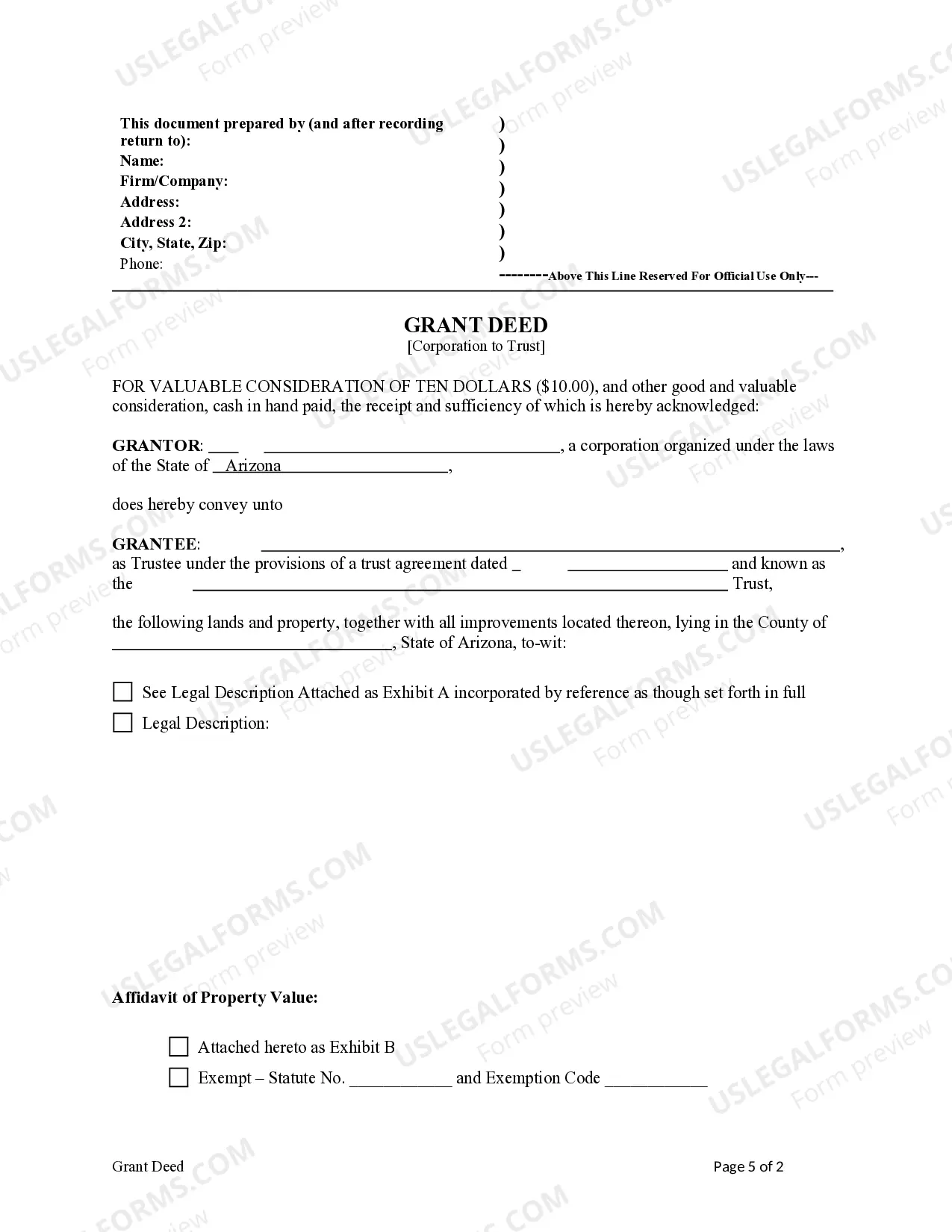 Preview Grant Deed from a Corporation to a Trust