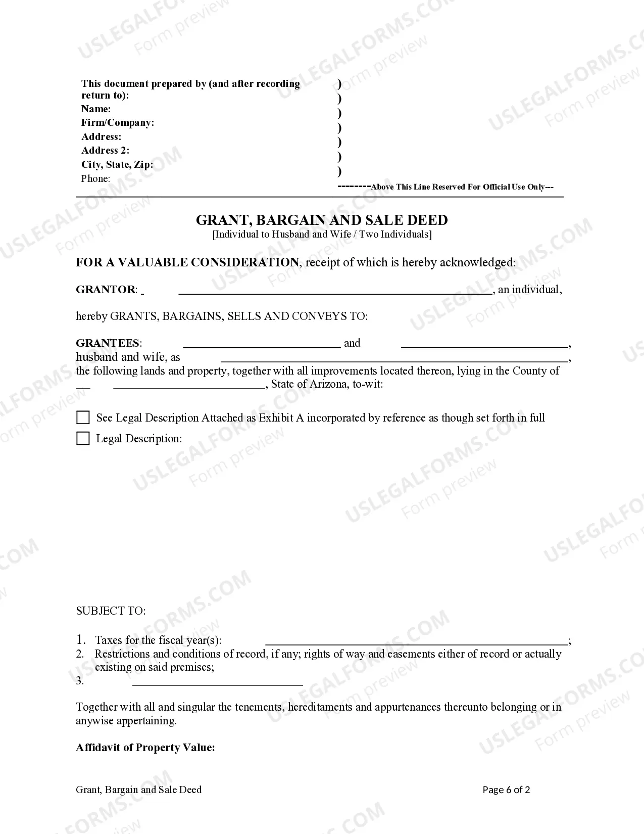 Preview Grant, Bargain and Sale Deed - Individual to Husband and Wife / Two Individuals