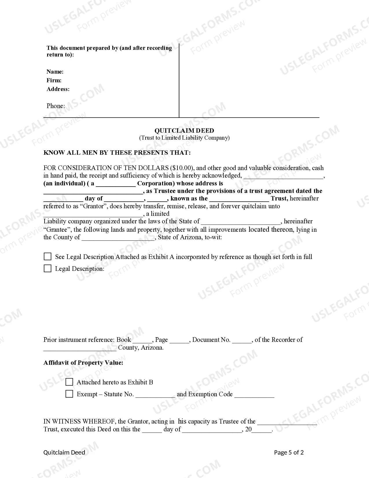 Preview Quitclaim Deed - Trust to Limited Liability Company