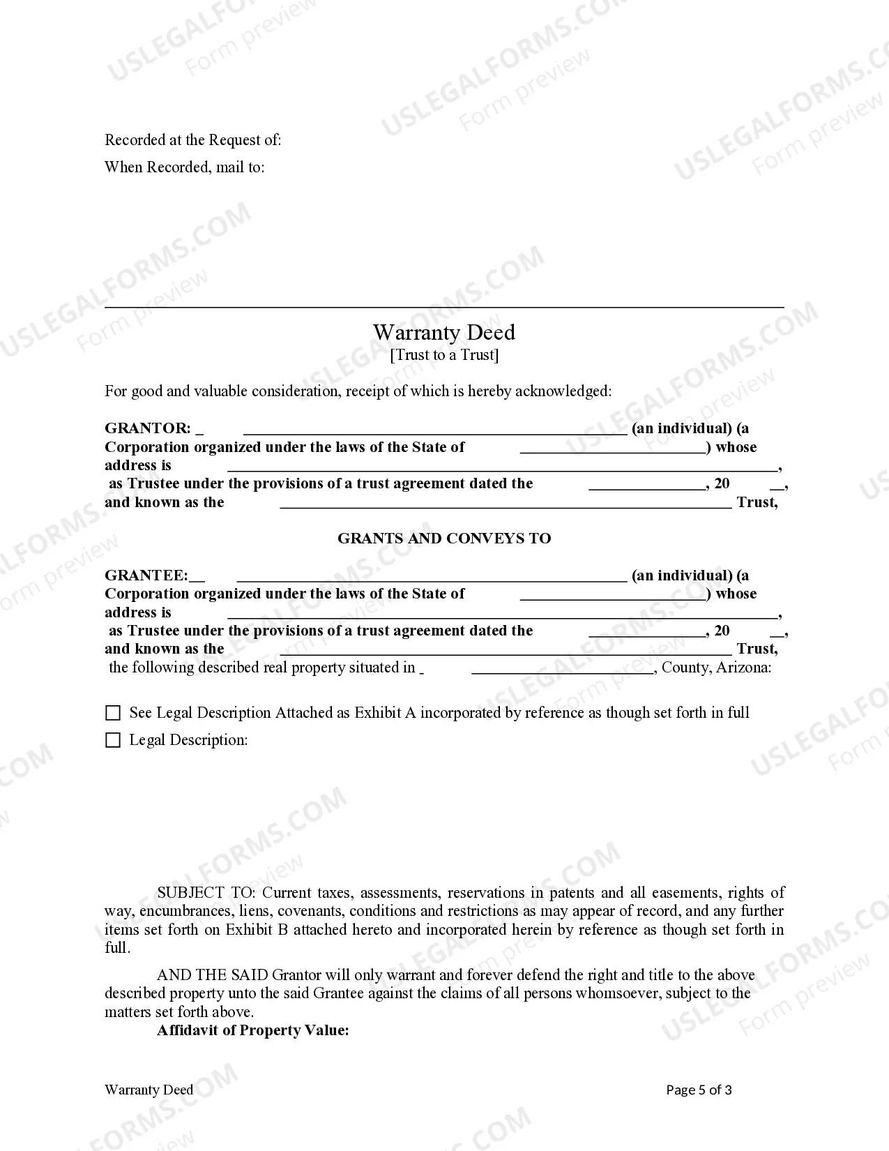 Preview Warranty Deed from a Trust to a Trust