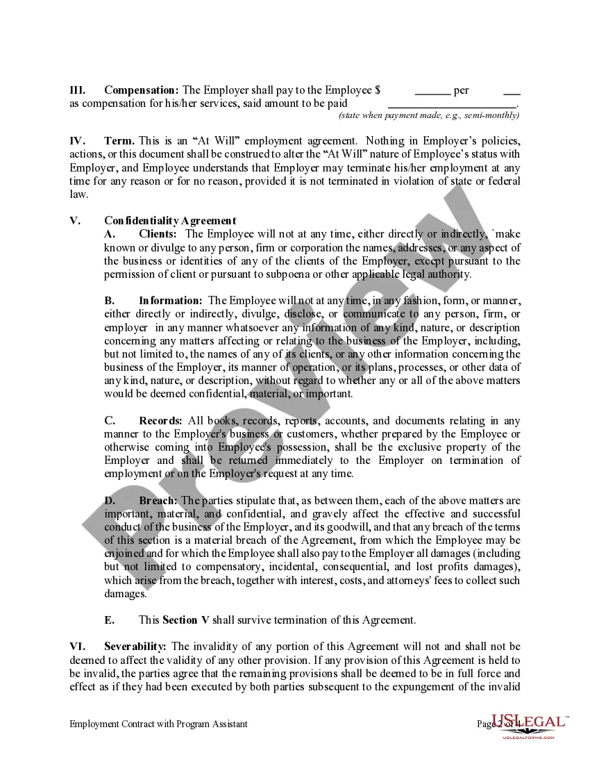 Preview Employment Agreement with Program Assistant