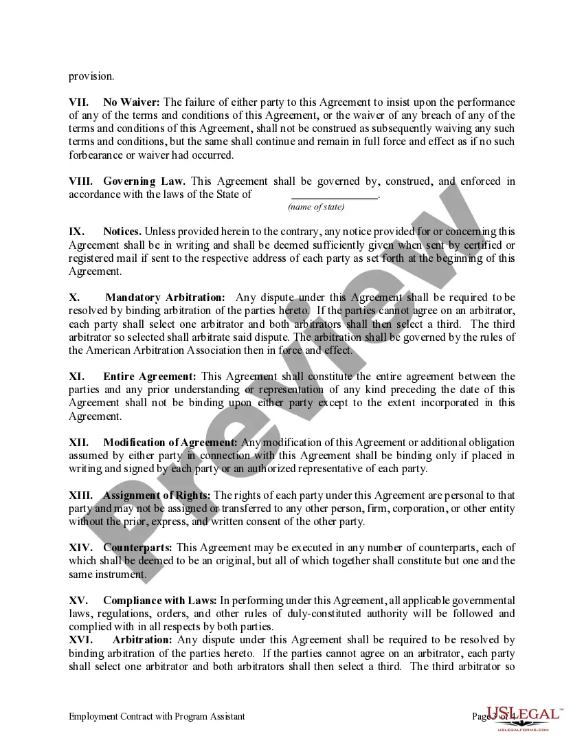 Preview Employment Agreement with Program Assistant