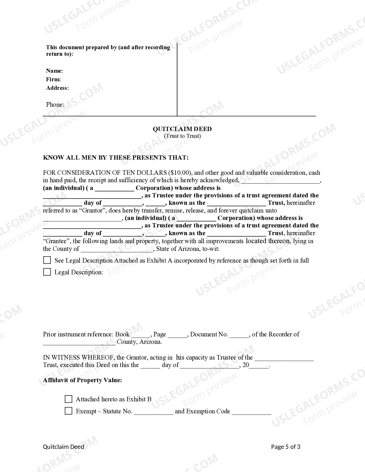 Preview Quitclaim Deed from Trust to Trust