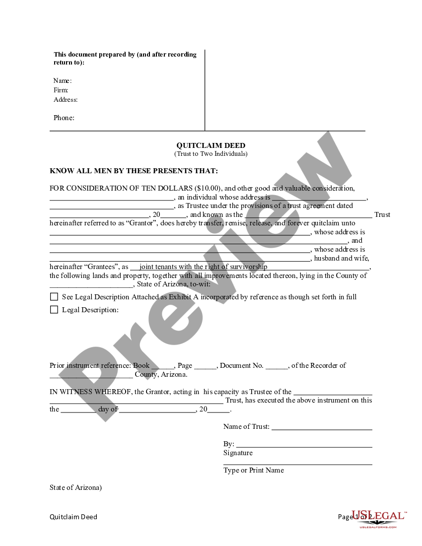 Arizona Quitclaim Deed Trust To Two Individuals Quitclaim Deed Trust Us Legal Forms 9248