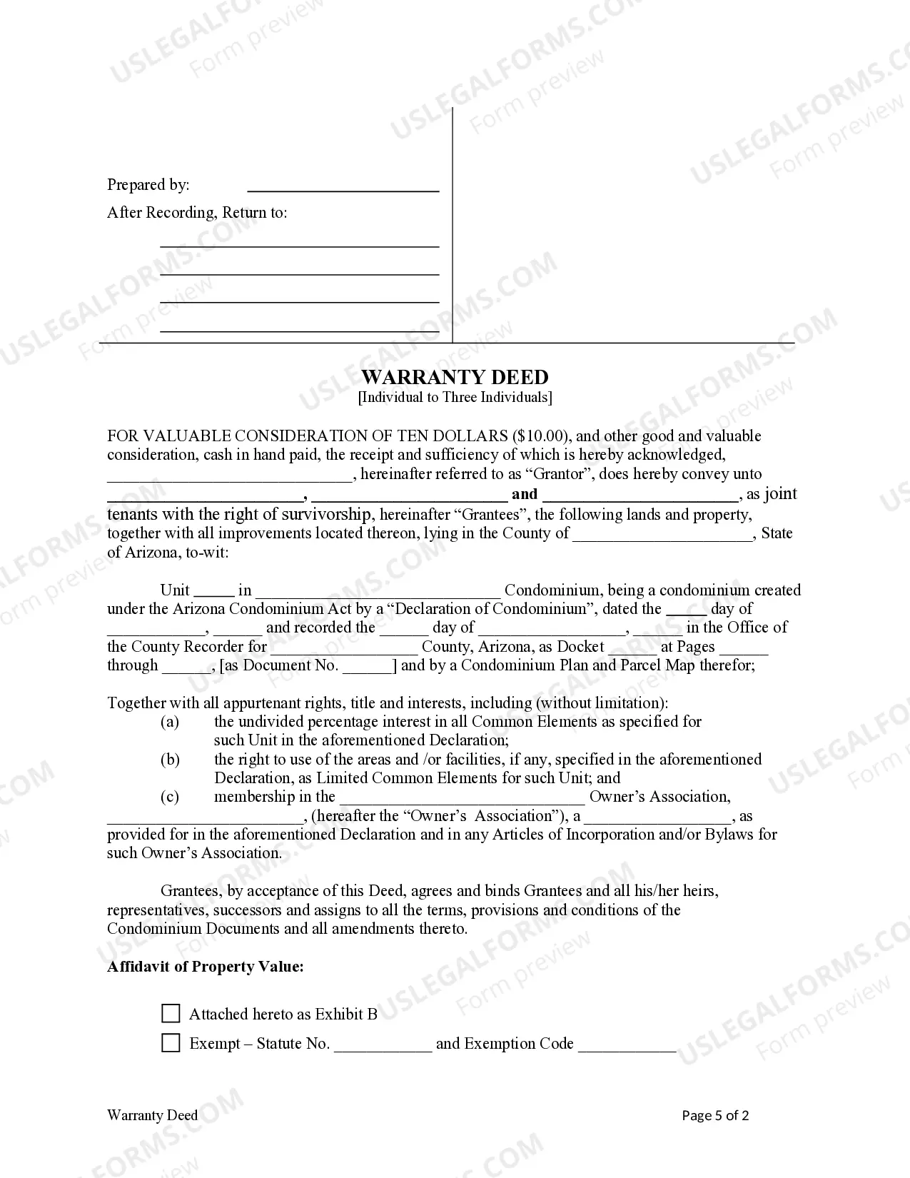 Preview Warranty Deed for a Condominium Unit from an Individual to Three Individuals