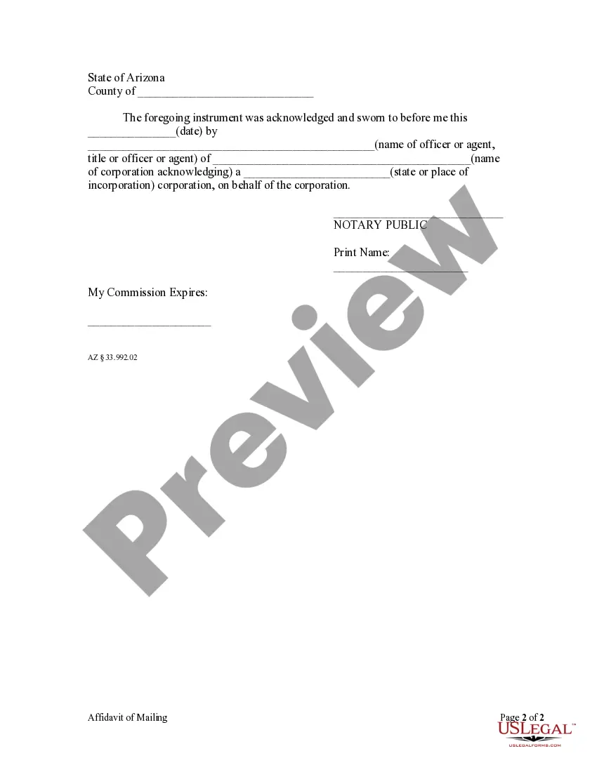 Preview Affidavit of Mailing - Mechanic Liens - Corporation or LLC