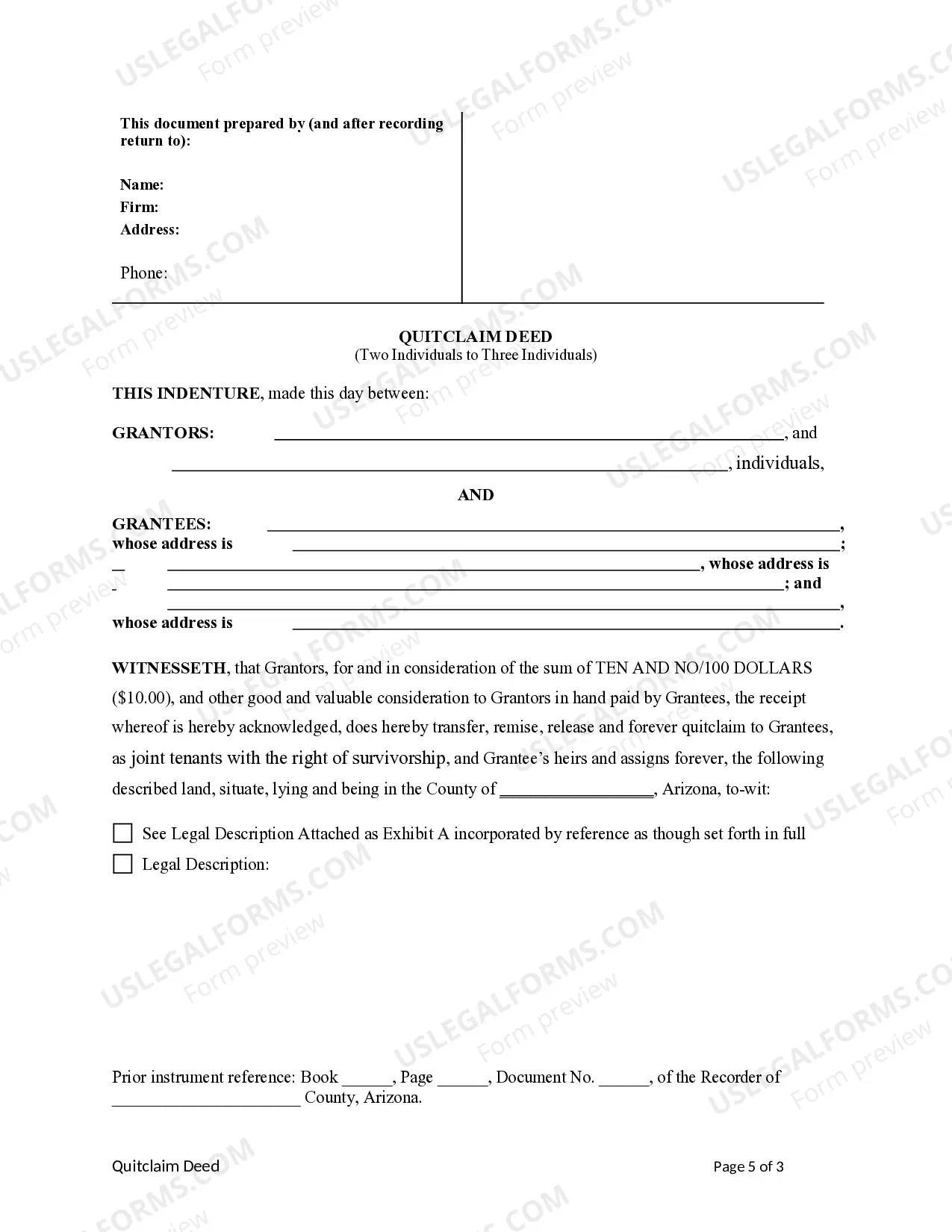 Preview Quitclaim Deed from two individual Grantors to three individual Grantees