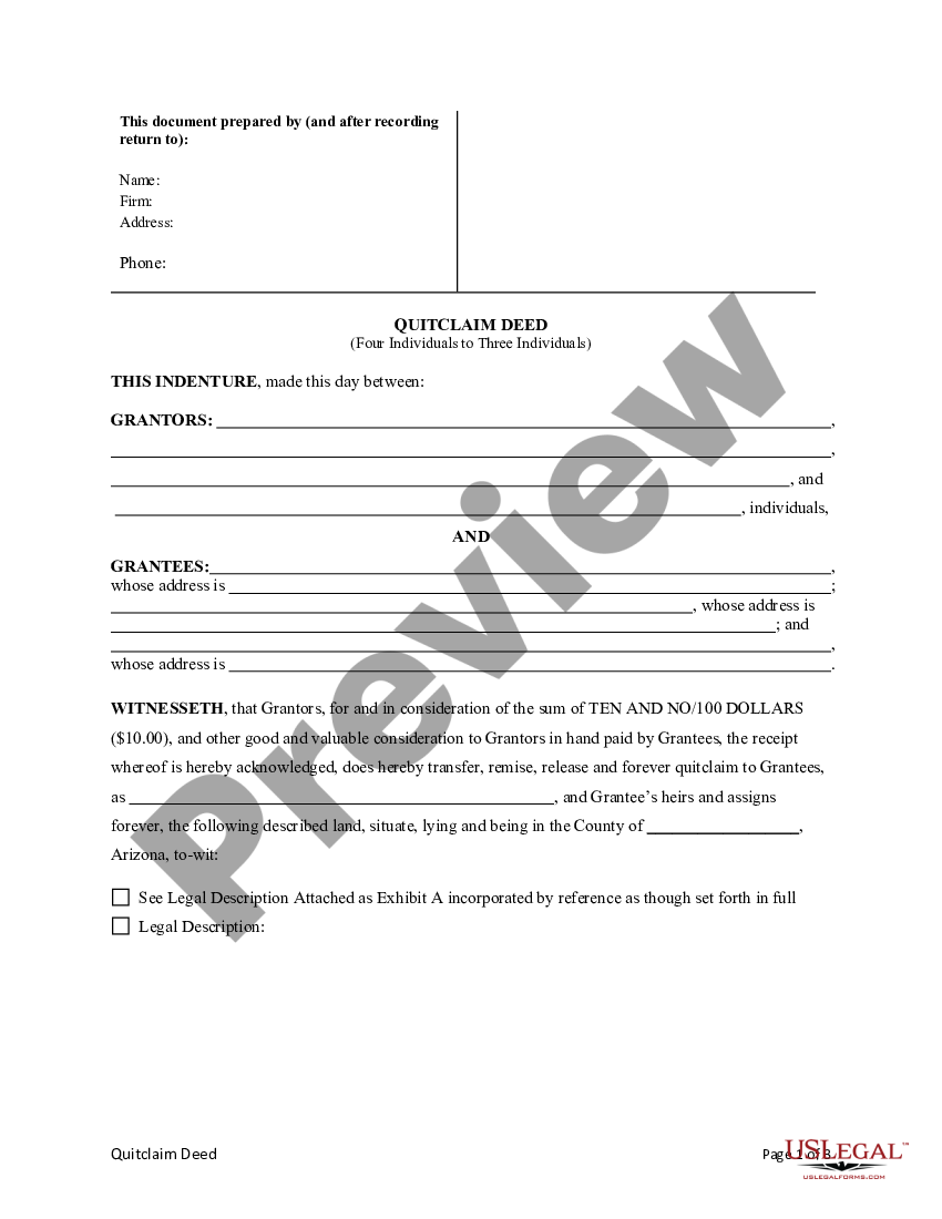 Arizona Quitclaim Deed - Deed Real Estate | US Legal Forms