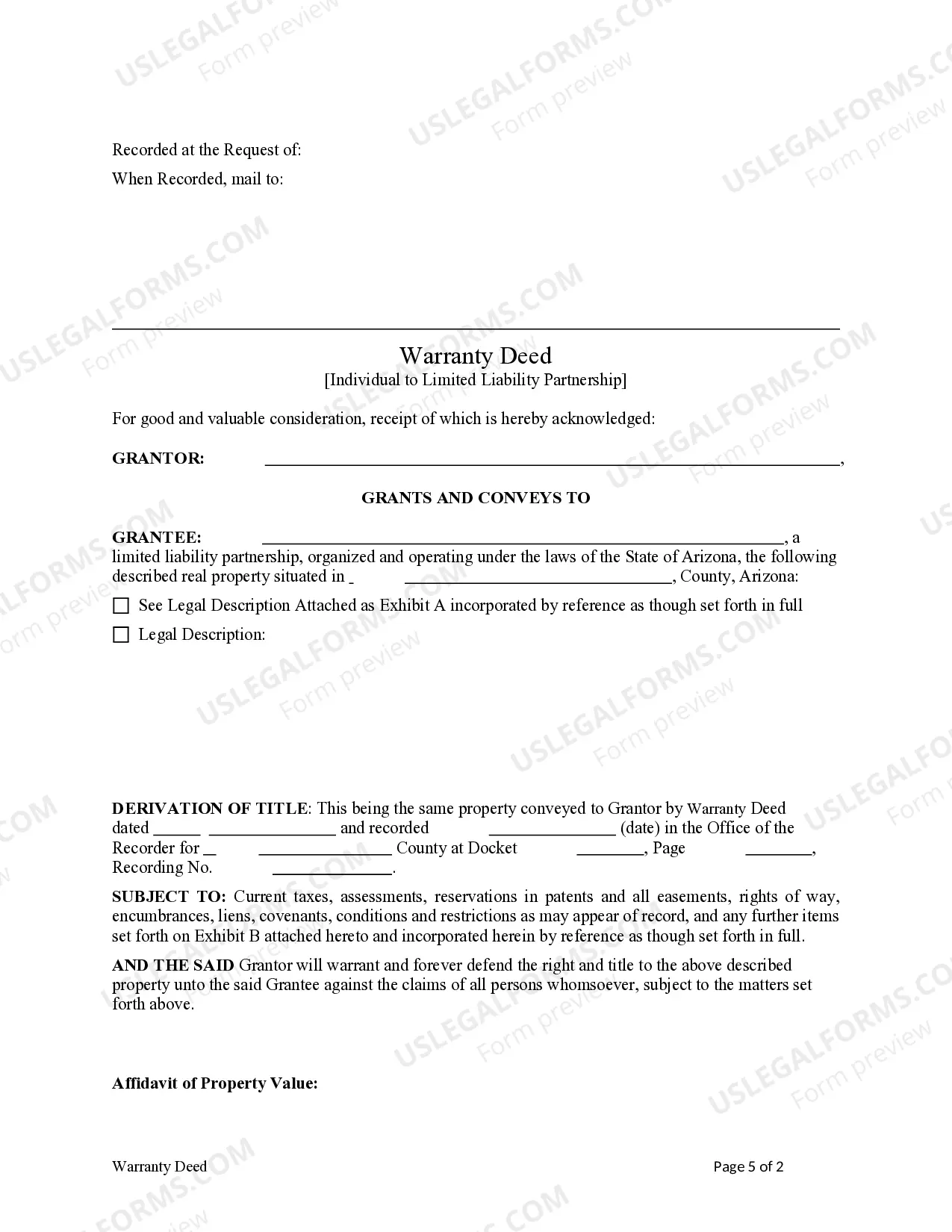 Preview Warranty Deed - Individual to Limited Liability Partnership (LLP)