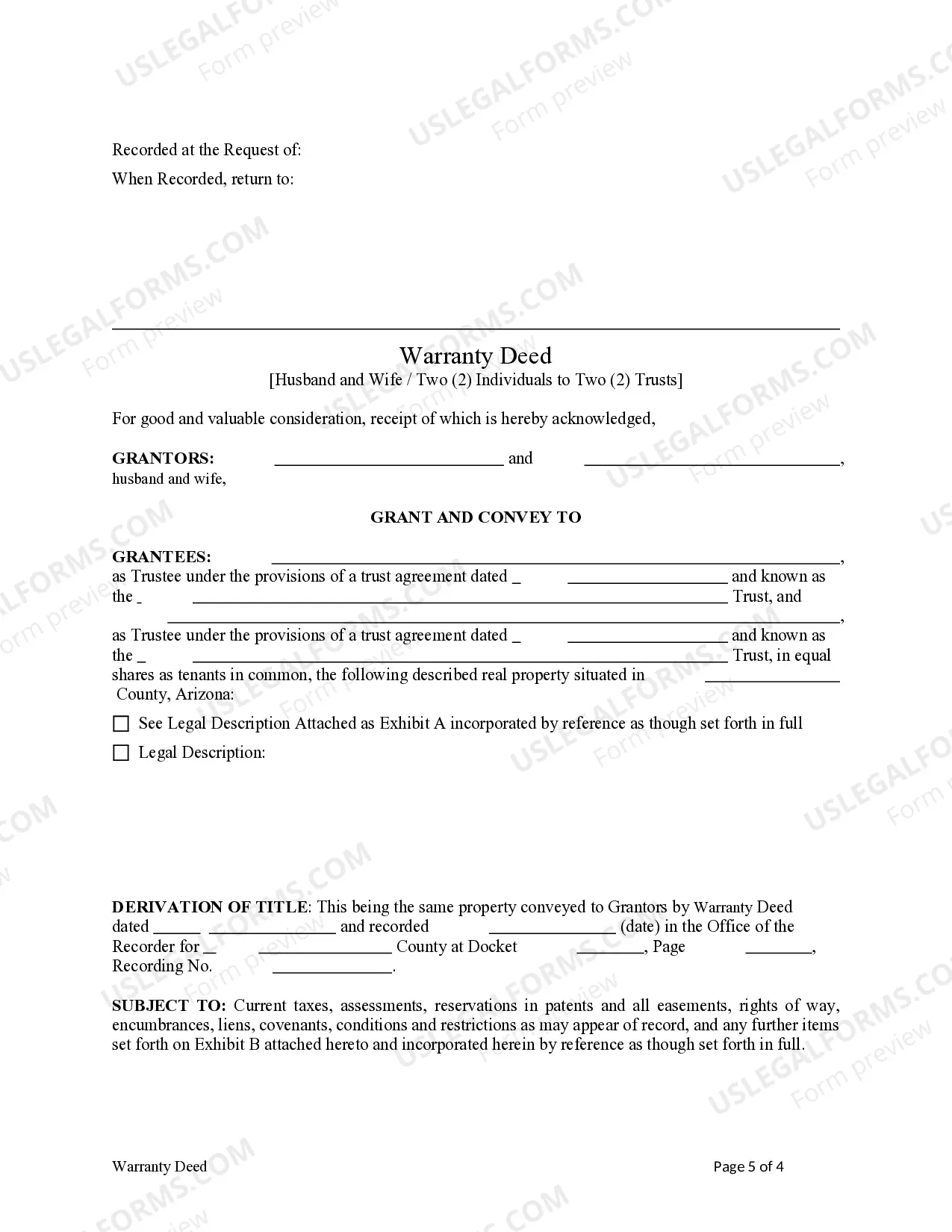Preview Warranty Deed from Two Individuals / Husband and Wife to Two Trusts