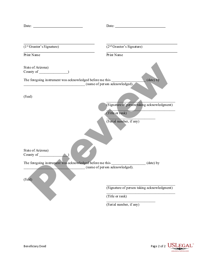 Arizona Beneficiary Deed From Husband And Wife To Trust Beneficiary Deed Trust Us Legal Forms 6068