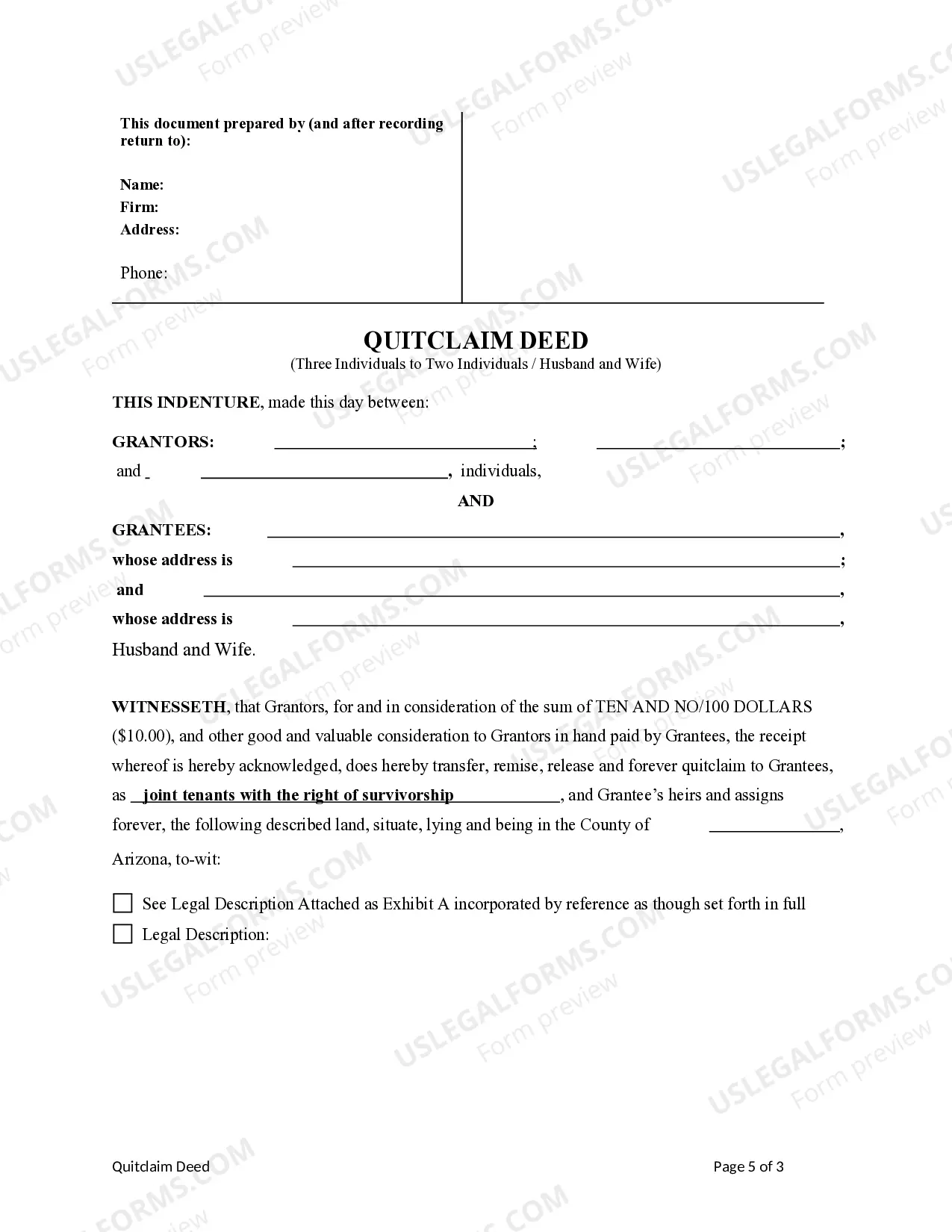 Preview Quitclaim Deed from three Individuals to two Individuals / Husband and Wife