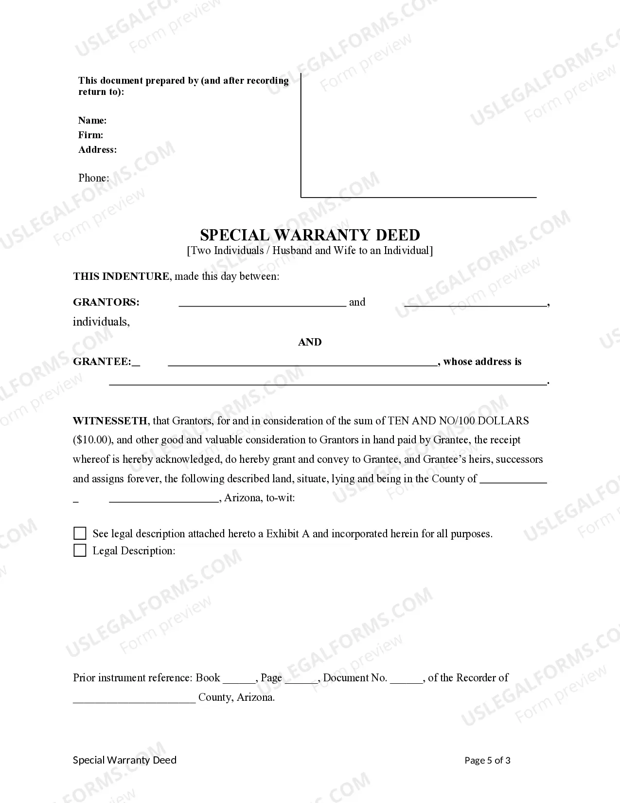 Preview Special Warranty Deed from two individuals, or husband and wife, to an individual.