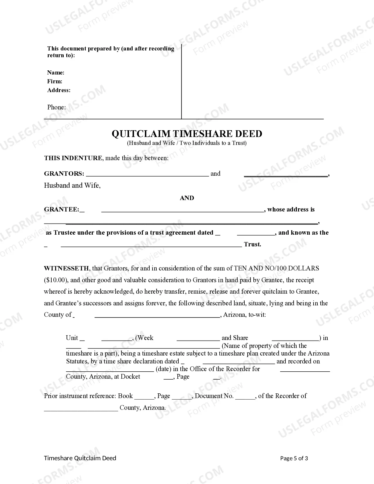 Preview Quitclaim Timeshare Deed from Husband and Wife / Two Individuals to a Trust