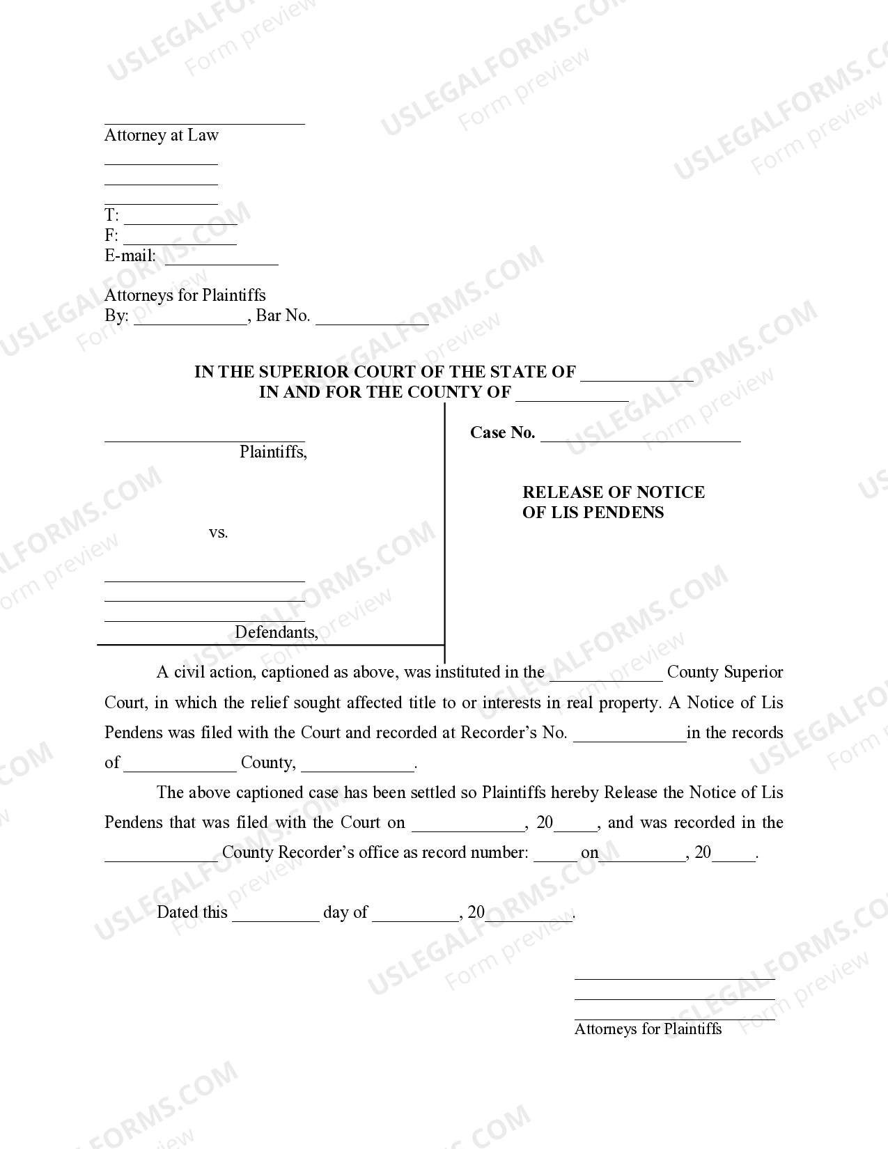 Tucson Arizona Release of Notice of Lis Pendens US Legal Forms