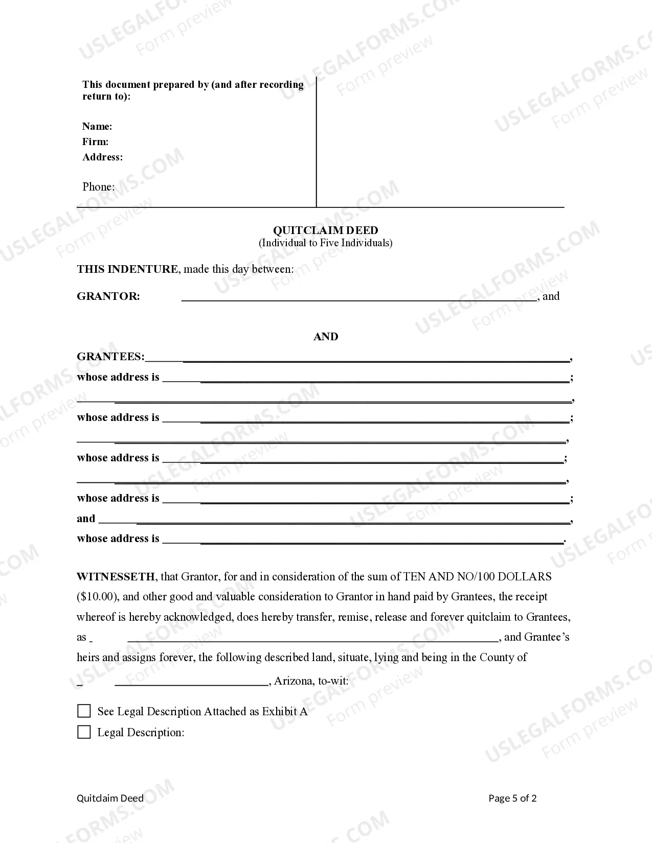 Preview Quitclaim Deed from One Individual to Five Individuals