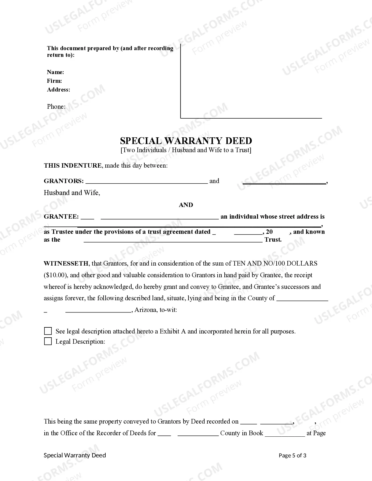 Preview Special Warranty Deed from Two Individuals, or Husband and Wife, to a Trust