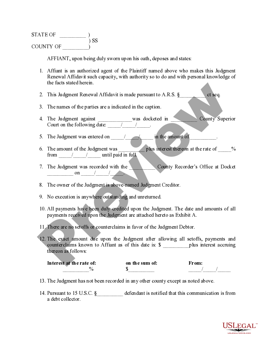 Glendale Arizona Judgment Renewal Affidavit US Legal Forms