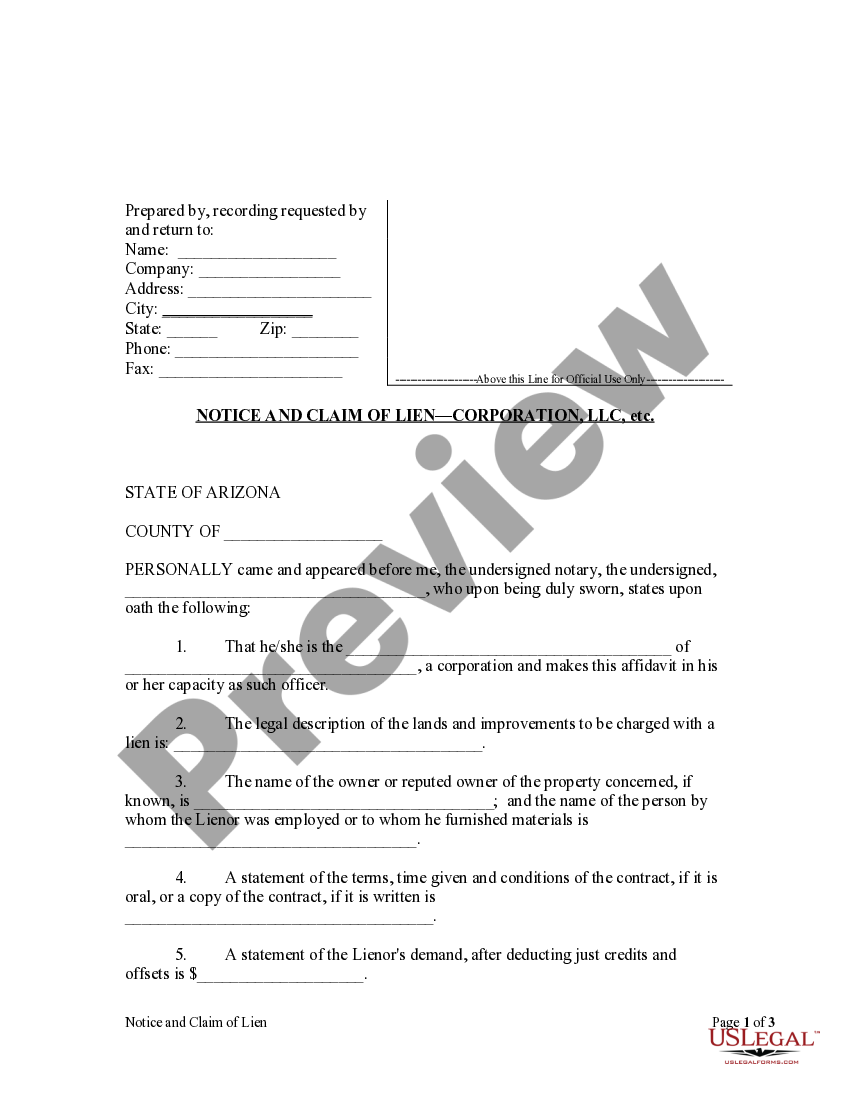 Pima Arizona Notice and Claim of Lien Mechanic Liens Lien Liens