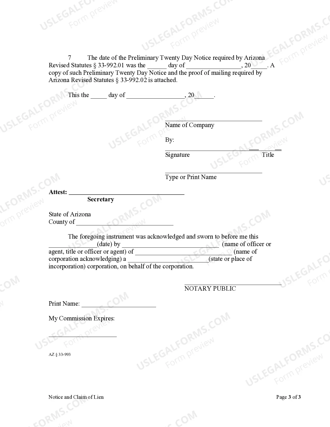 Preview Notice and Claim of Lien - Mechanic Liens - Corporation or LLC
