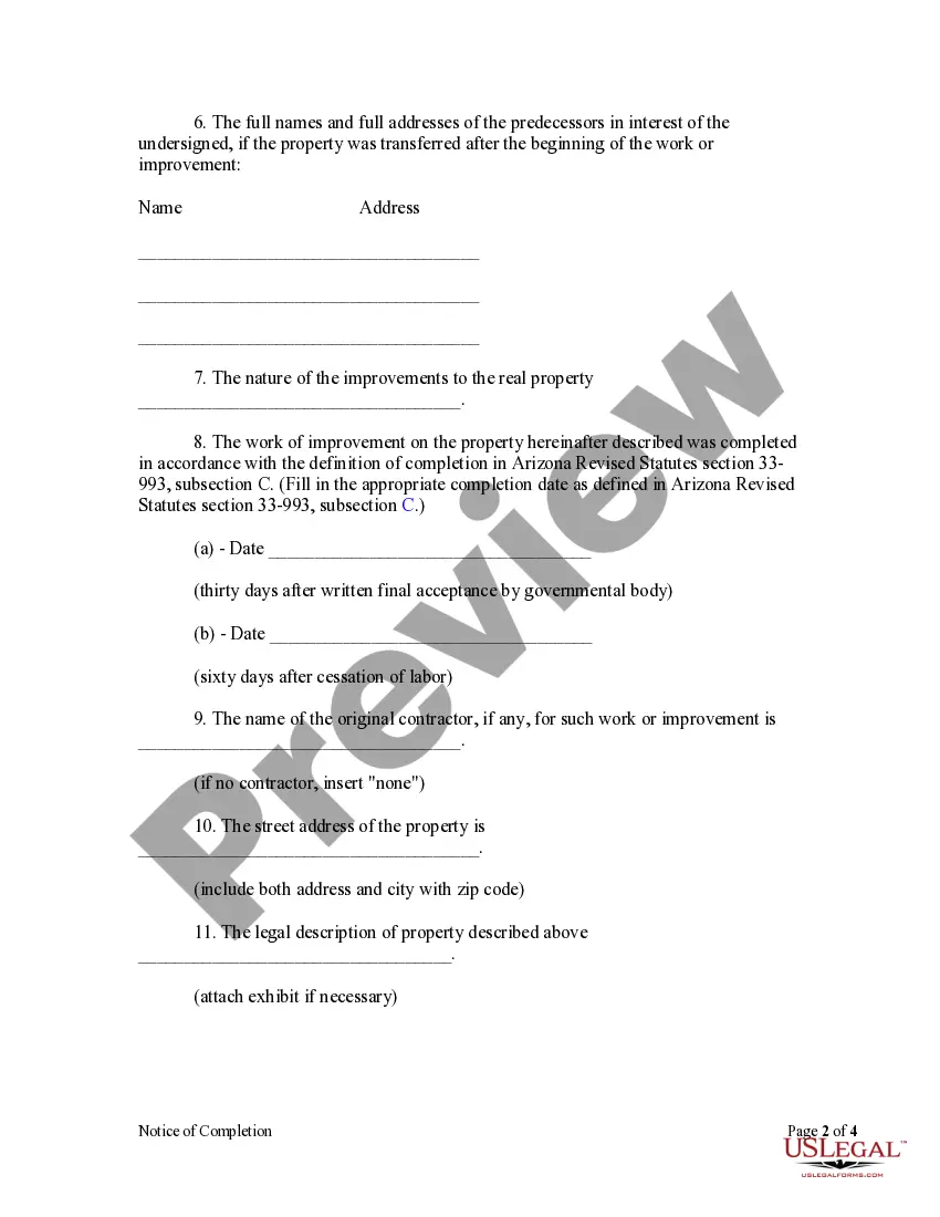 Preview Notice of Completion - Mechanic Liens - Individual