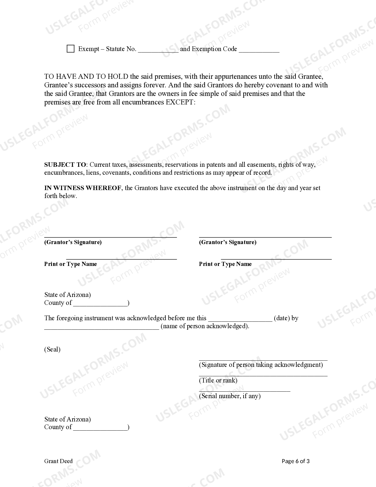 Arizona Grant Deed from two Individuals, or Husband and Wife, to a