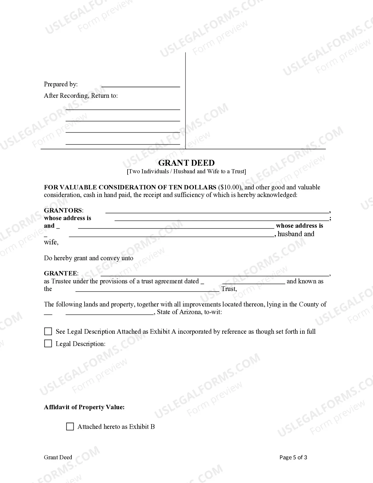Preview Grant Deed from two Individuals, or Husband and Wife, to a Trust.