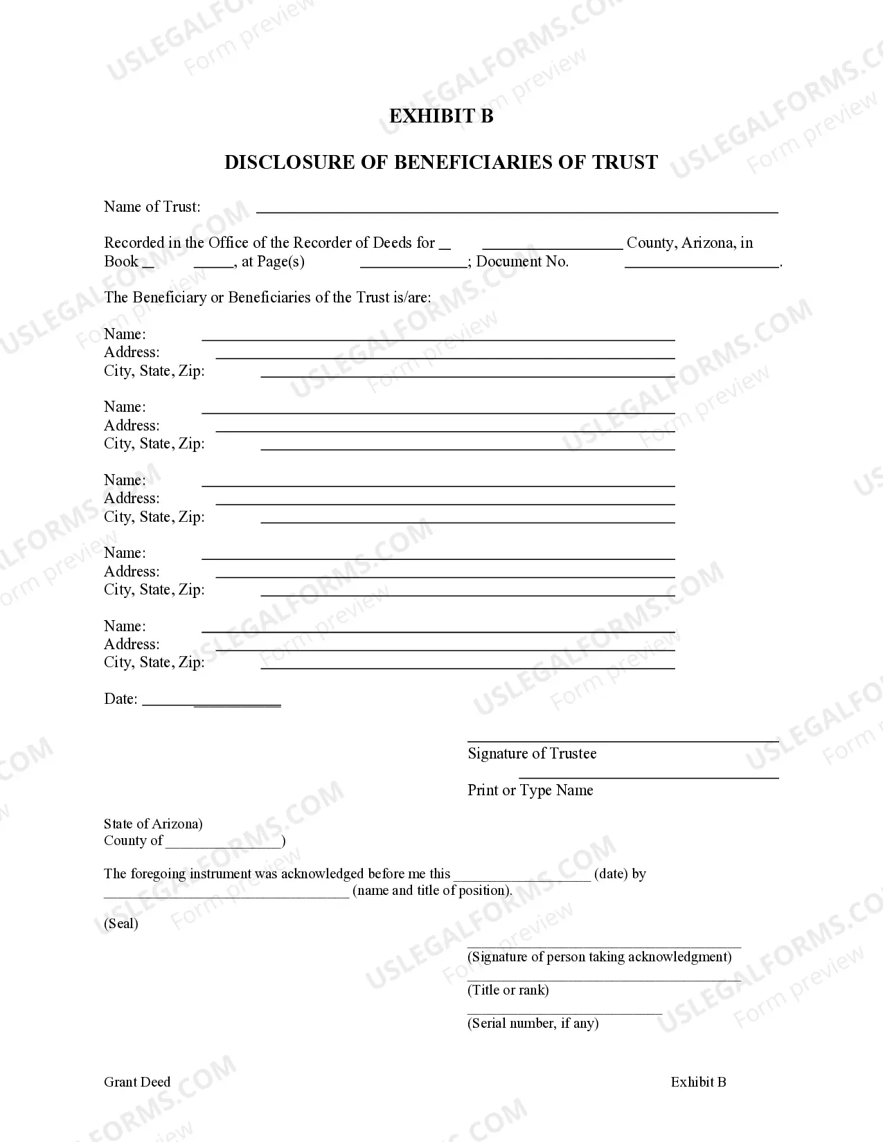 Preview Grant Deed from two Individuals, or Husband and Wife, to a Trust.