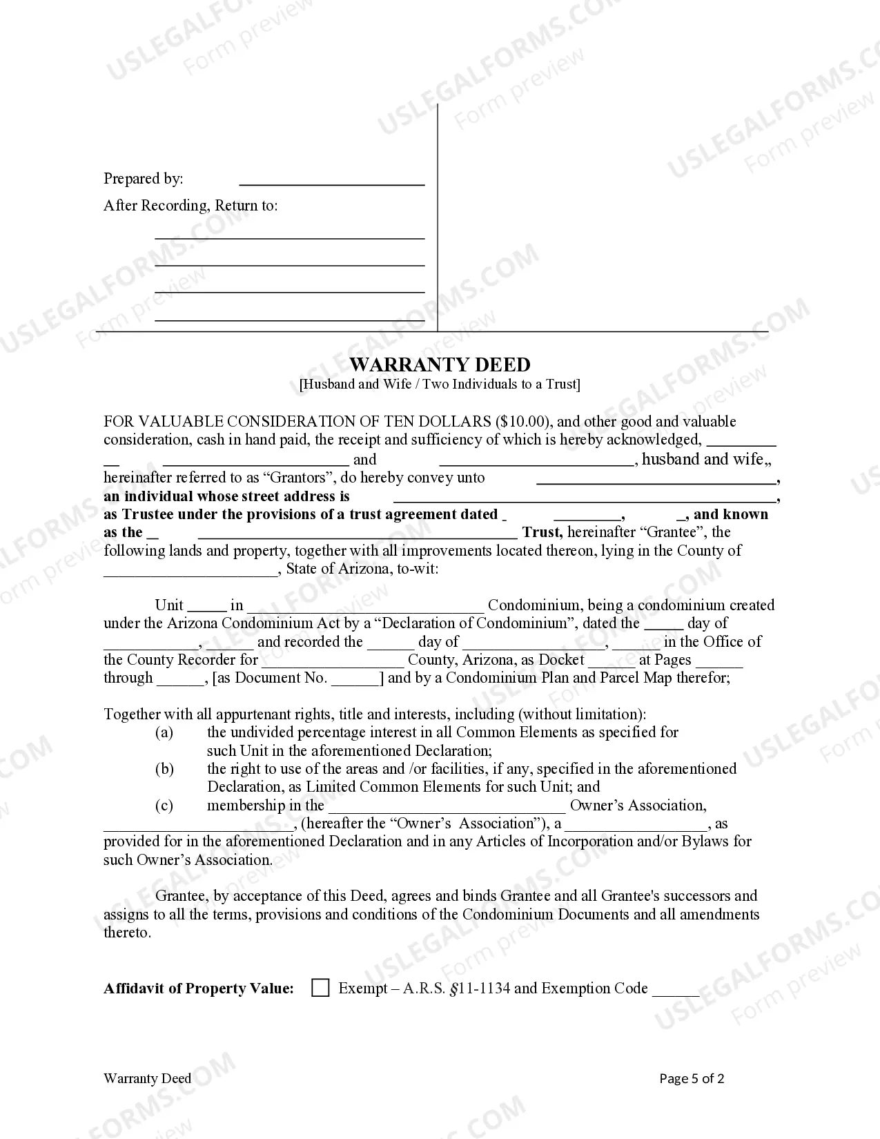 Preview Warranty Deed for a Condominium from Husband and Wife, or Two Individuals, to a Trust