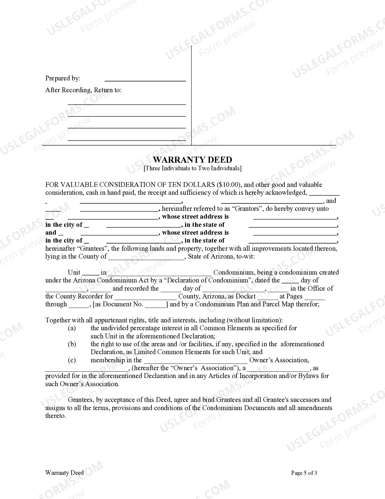 Preview Arizona Warranty Deed for a Condominium from Three Individuals to Two Individuals