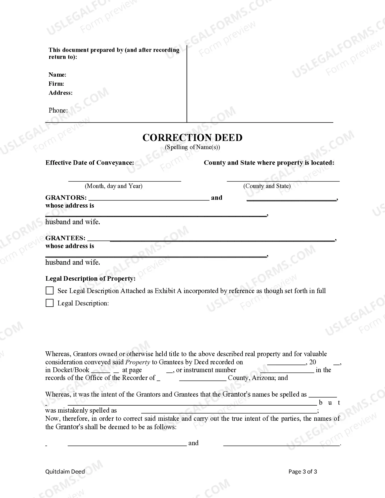 Preview Arizona Correction Deed - Correcting Name(s) of Party(ies)