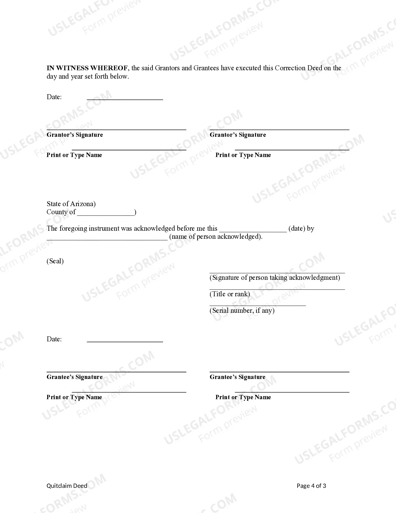Preview Arizona Correction Deed - Correcting Name(s) of Party(ies)