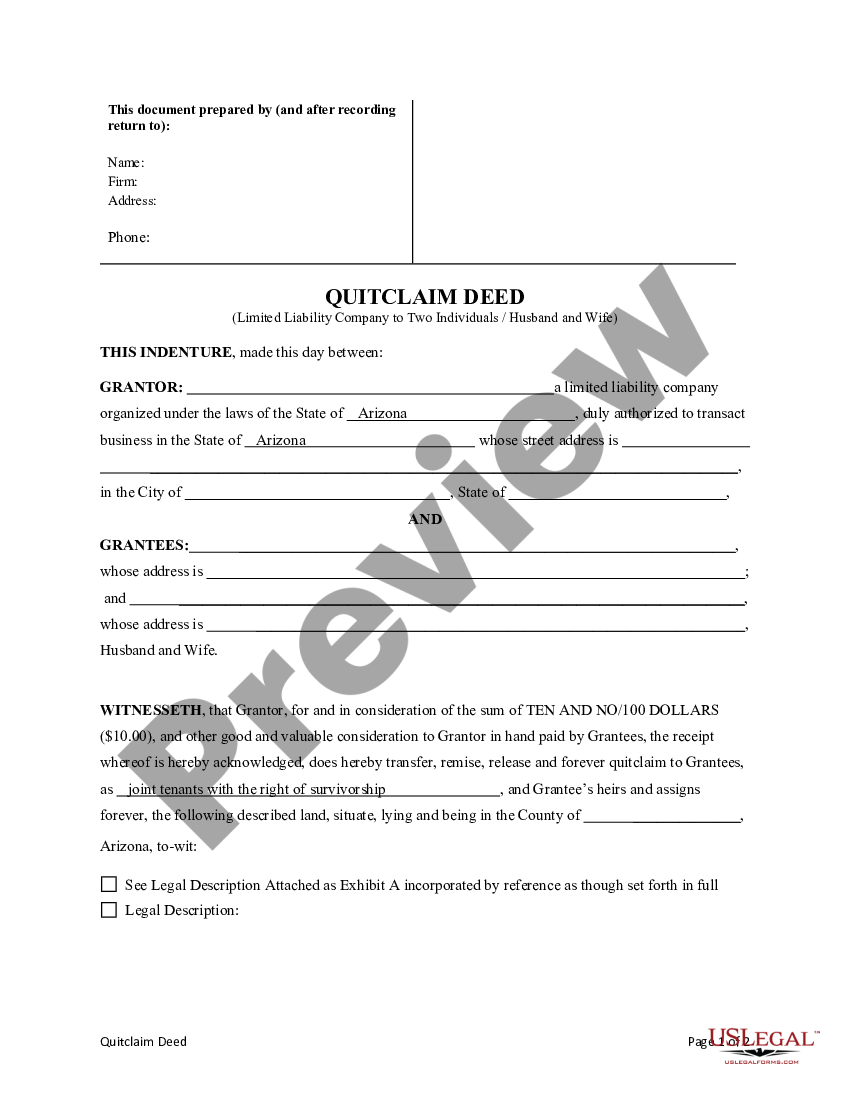 Arizona Quitclaim Deed From Limited Liability Company To Two Individuals Husband And Wife Us 4536