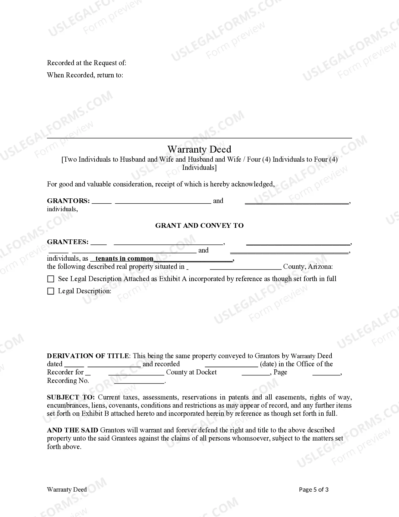 Preview Warranty Deed from Two Individuals to Husband and Wife and Husband and Wife, or 4 Individuals.